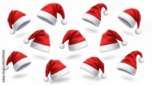 Big set of realistic Santa Hats isolated on transparent background