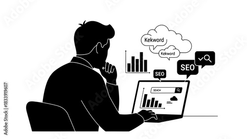 Man analyzing seo data and keywords on a laptop
