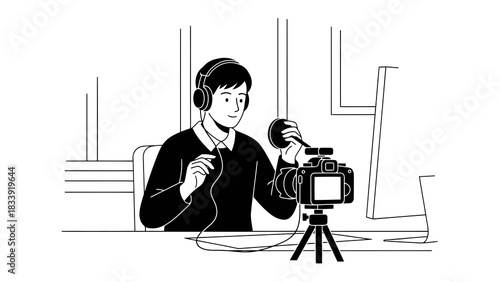 Young man with headphones records audio with microphone and camera