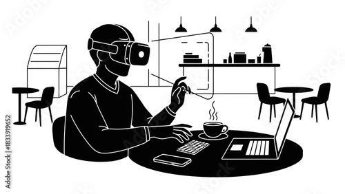 Person wearing vr headset works on laptop in a cafe