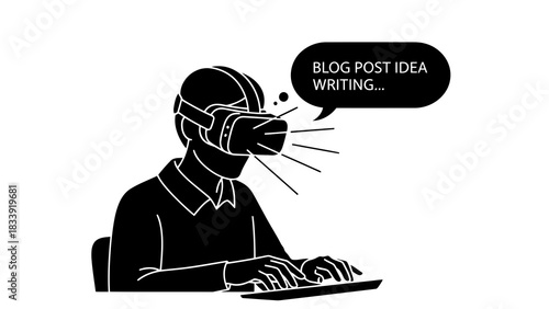Person using virtual reality headset for blog post idea generation and writing