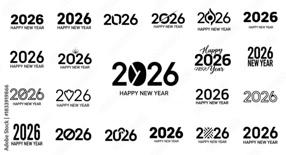 Obraz premium 2026 logo concept for calendar, poster, flyer, banner. Modern design for calendar, invitations, greeting cards. Set of new year logo text design. stock illustration
