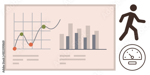 Line graph, bar chart, walking figure, speedometer diagram. Ideal for analytics, performance, tracking, fitness growth statistics progress. Simple flat metaphor