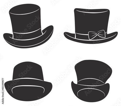 Top Hat Silhouette Set. Classic Gentleman Hat Vector Collection