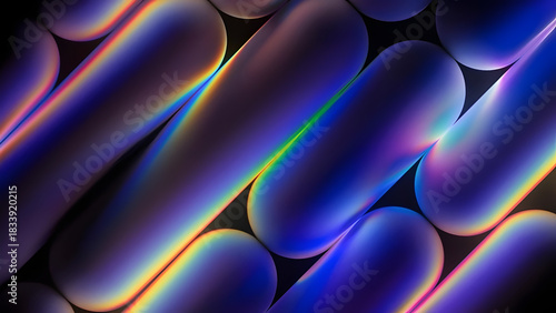 Abstract macro photography captures a vibrant spectrum of iridescent colors shimmering across rounded capsule shaped forms in a dark moody setting.