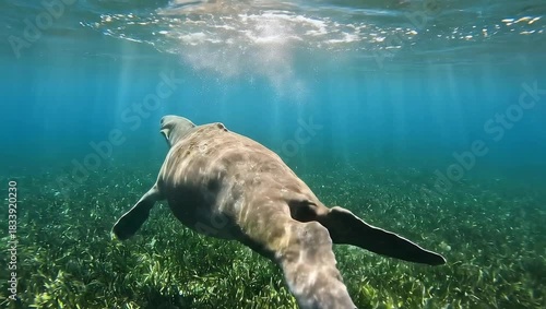 Gentle giant marine mammal glides gracefully through vibrant green seagrass meadow underwater with sun rays piercing the clear blue ocean water surface