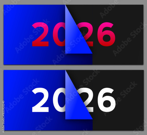 2026 happy new year celebration greeting card and social media post or banner vector design template in page peel style