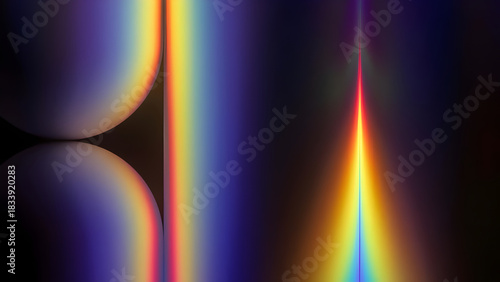 Abstract spectrum of light refraction and reflection creating vibrant rainbow hues against a dark background.