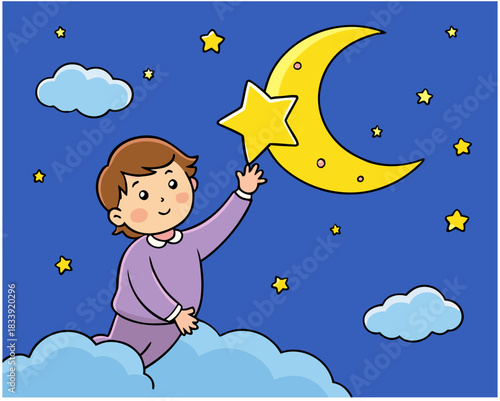 A child reaches for a star in a dreamy night sky, with a crescent moon and fluffy clouds, symbolizing hope, wonder, and the magic of childhood dreams