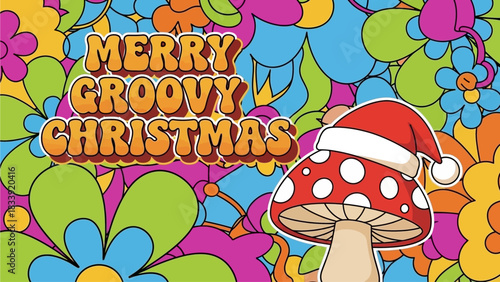 Groovy 70s Retro Christmas Mushroom with Santa Hat Vector