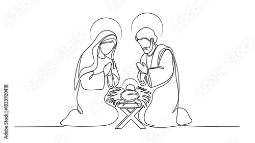 Minimalist Continuous Line Art Nativity Scene Vector