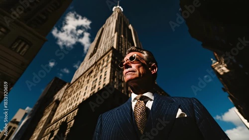 Confident portrait of a man in a pinstripe suit, towering skyscrapers looming behind him in daylight
