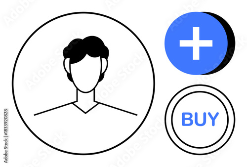 User interface design. User profile with add and buy buttons for online interaction. User interface supports account creation, e-commerce, and digital applications. For apps, websites, e-commerce