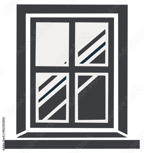 Minimalist graphic illustration of a dark framed window with four glass panes and reflections