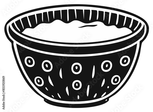 Simple black and white vector icon of a decorated bowl full of porridge soup or cereal for breakfast