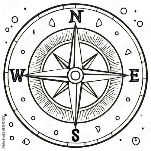 Black and white line drawing of a vintage style compass rose for navigation and travel concepts