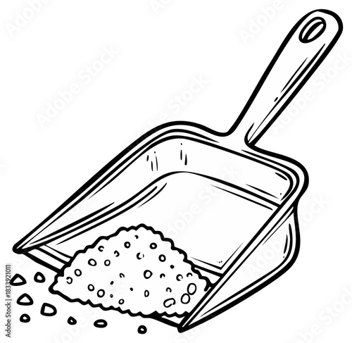 Cartoon drawing of a dustpan scooping sand or powder material
