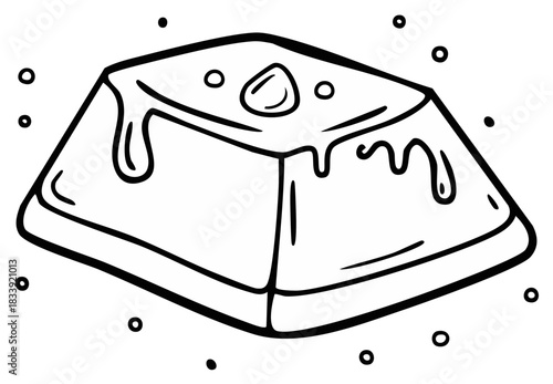 Simple outline drawing of a single serving dessert with caramel drizzle and a small topping