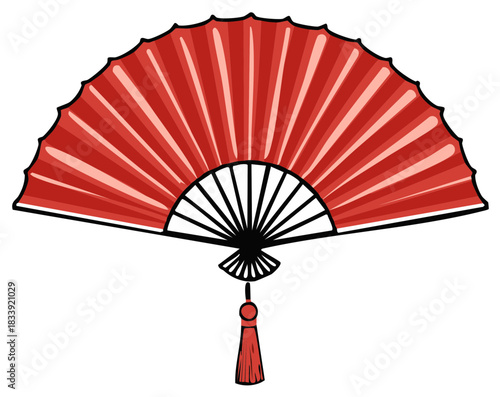 Vibrant Red Folding Fan with Tassel Decoration