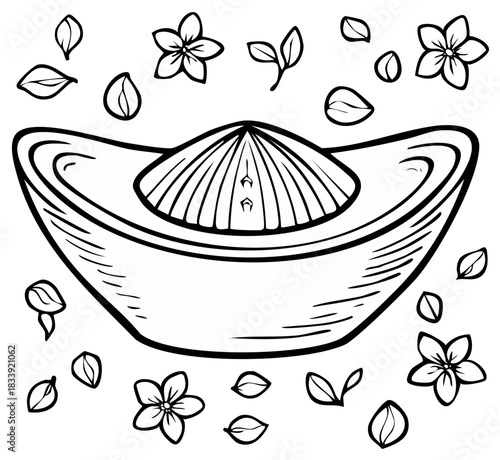 Traditional Chinese gold ingot surrounded by delicate flower petals and leaves