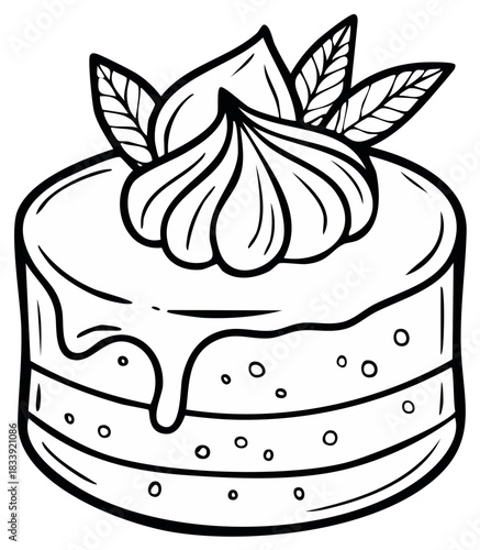 Monochrome outline drawing of a layered dessert cake decorated with dripping icing and leaves.