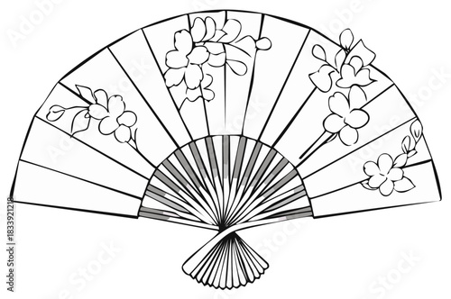 Hand-drawn illustration of a traditional Asian folding fan with delicate flower motifs