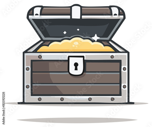 Open wooden treasure chest overflowing with sparkling gold coins and riches symbolizing wealth and fortune