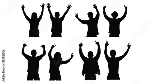Silhouettes of a diverse group of people with raised arms, celebrating, cheering, or expressing joy