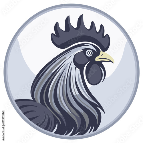 Elegant Rooster Profile Illustration with Dark Plumage and a Yellow Beak Inside a Circle