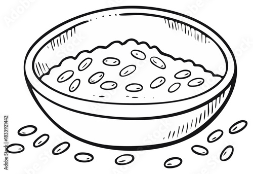 Bowl full of tasty beans, simple line art illustration for recipes and cooking instructions or cookbook design