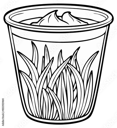 Black and white illustration of a plant cup with creamy topping and grass inside