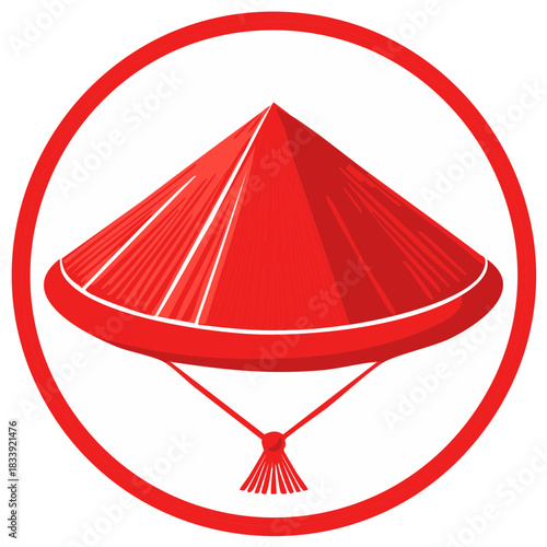 Red Conical Hat Icon Graphic Symbol Circular Frame Asian Headwear Traditional