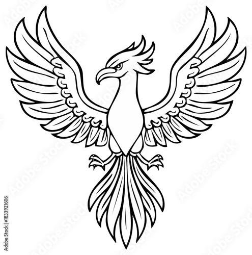 Majestic phoenix mythical bird with wings spread wide, a heraldic black and white vector illustration