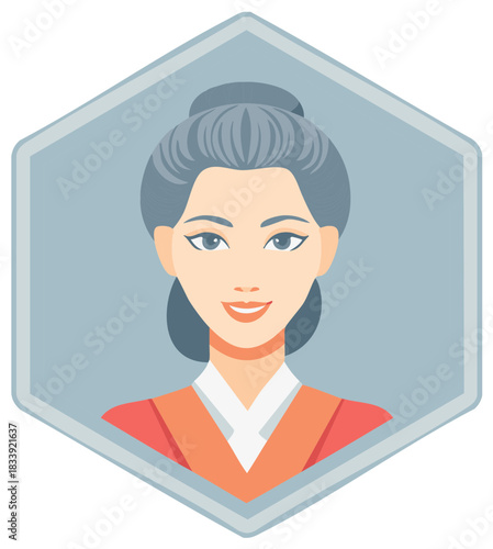 Portrait icon of a graceful senior Asian woman with grey hair in traditional clothing