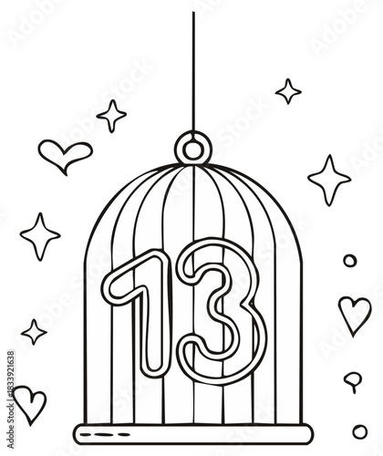 Whimsical Doodle Illustration of Number 13 in a Cage with Sparkling Stars and Love Hearts
