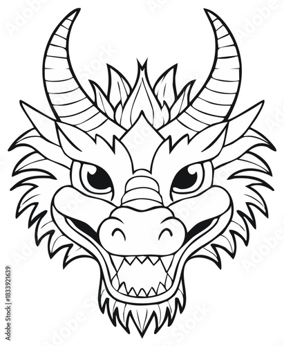 Stylized mythological dragon head illustration in black and white line art featuring prominent horns and an open mouth