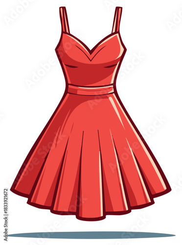 Red vintage dress illustration with straps and a flared skirt