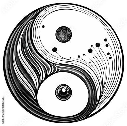 Elegant Yin Yang Symbol Design with Flowing Lines and Small Circles Depicted in Black and White