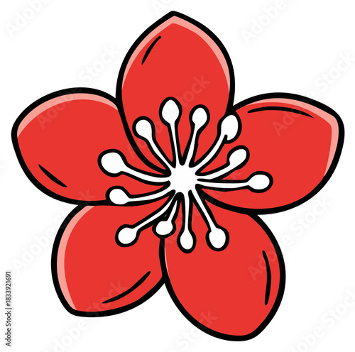 Stylized red Asian flower illustration Ume plum blossom or Sakura cherry blossom vector graphic icon