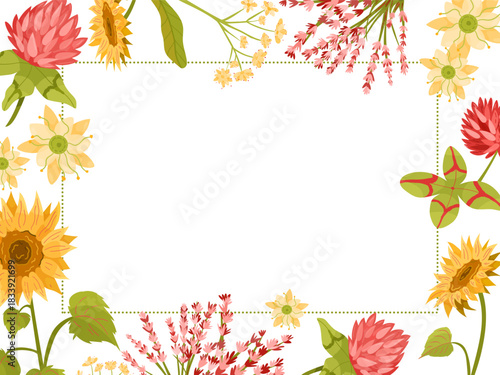 A rectangular floral frame composed of summer blooms like sunflowers, linden flowers, and pink clover. The colorful botanical border ideal for invitations, wedding card, seasonal products
