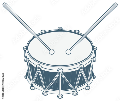 Cartoon illustration of a snare drum with drumsticks. Musical instrument graphic.