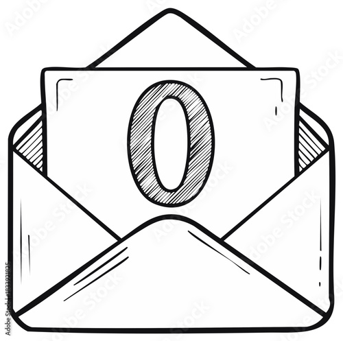 Hand-drawn doodle of an open envelope with zero, symbolizing an empty inbox or no messages