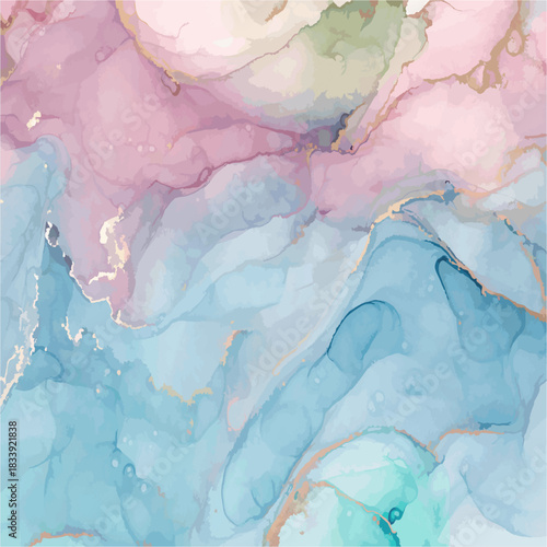Elegant pastel watercolor marble background with fluid ink textures — soft pink, blue, and gold abstract art for modern decorative design