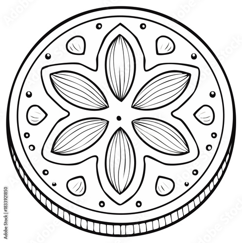 Black and white line art circular decorative design with ornate botanical inspired elements and symmetrical details