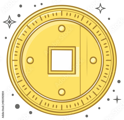 Golden ancient coin with square hole, traditional wealth symbol, prosperity and good fortune concept illustration.