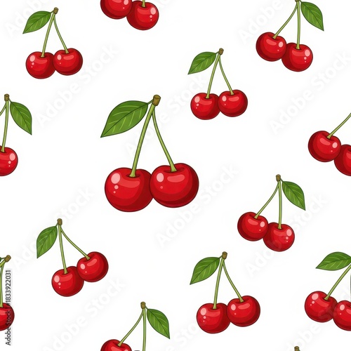 Red Cherry Rhapsody: A vibrant pattern of ripe red cherries, each with lush green leaves, dances across the image, offering a taste of summer's sweetness.