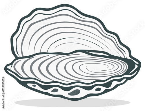 Stylized open oyster shell vector illustration with abstract monochrome line art