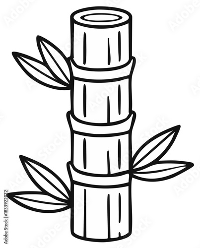 Hand drawn bamboo stalk with leaves black and white line art illustration