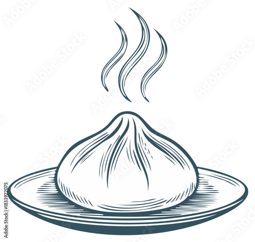 Hand drawn illustration of a hot steaming Asian dumpling on a plate