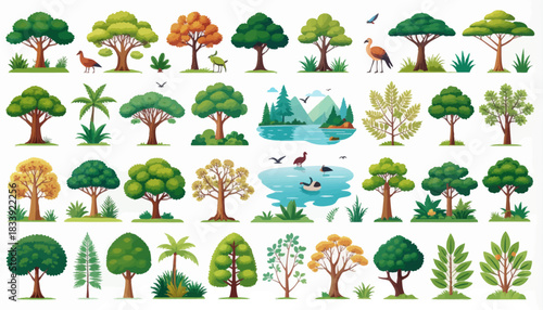 A comprehensive collection of diverse cartoon trees, plants, and natural landscapes with animals and water features.